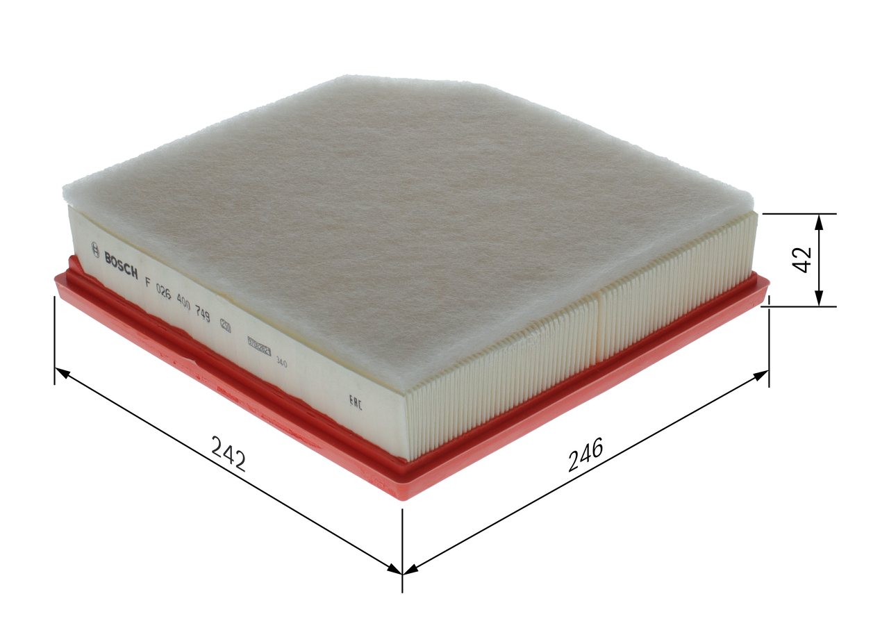 BOSCH Luftfilter f026400749 Filterindsats length_mm_203|Længde [mm]|244 width_mm_206|Bredde [mm]|242 height_mm_209|Højde [mm]|50 50mm for VOLVO