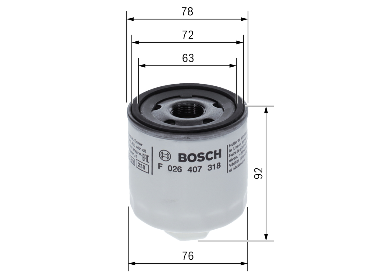 BOSCH Oliefilter F 026 407 318 Påskruet 92mm M 22 x 1,5 for FORD