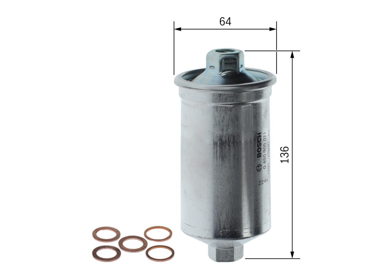 BOSCH Brændstof-filter 0450905021 Lednings 136mm for FERRARI PEUGEOT CITROËN VOLVO SAAB GMC FIAT LANCIA OPEL CADILLAC VW MERCEDES-BENZ PORSCHE RENAUL