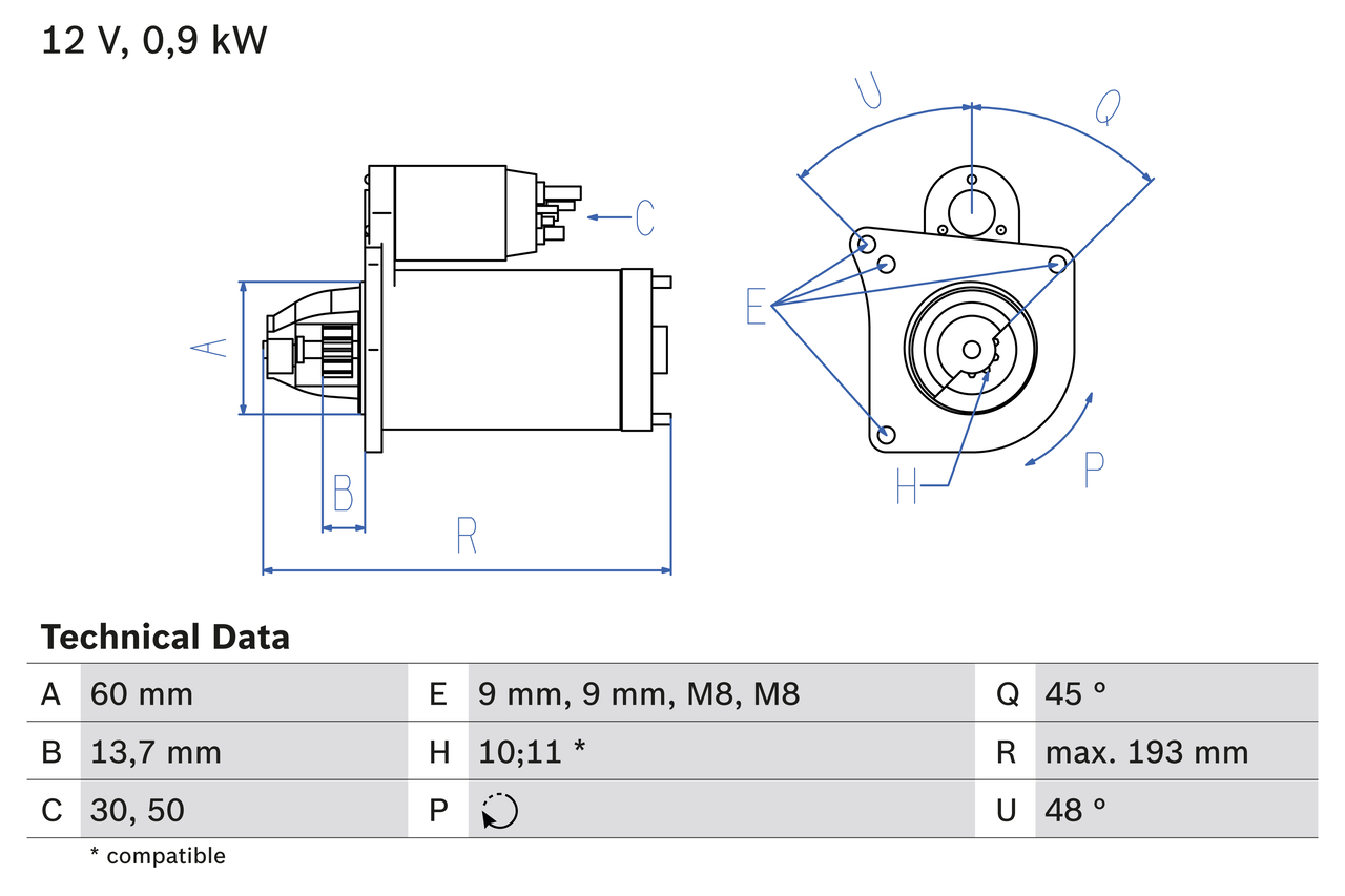 BOSCH Starter 0986021970 for STEYR CITROËN VAUXHALL BMW PEUGEOT