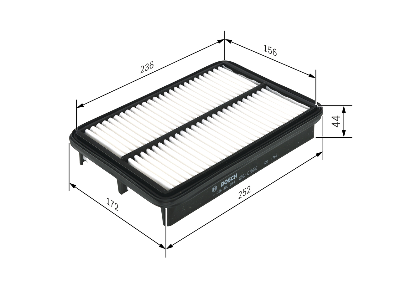 BOSCH Luftfilter f026400044 Filterindsats length_mm_203|Længde [mm]|253 width_mm_206|Bredde [mm]|176 height_mm_209|Højde [mm]|44 quantity_563|Mængde|1