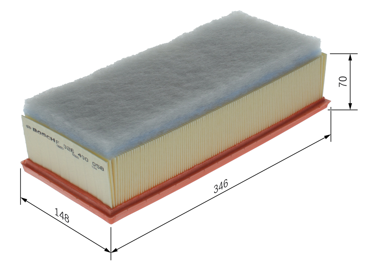 BOSCH Luftfilter f026400058 Filterindsats length_mm_203|Længde [mm]|346 width_mm_206|Bredde [mm]|148 height_mm_209|Højde [mm]|70 70mm for LANCIA PEUG