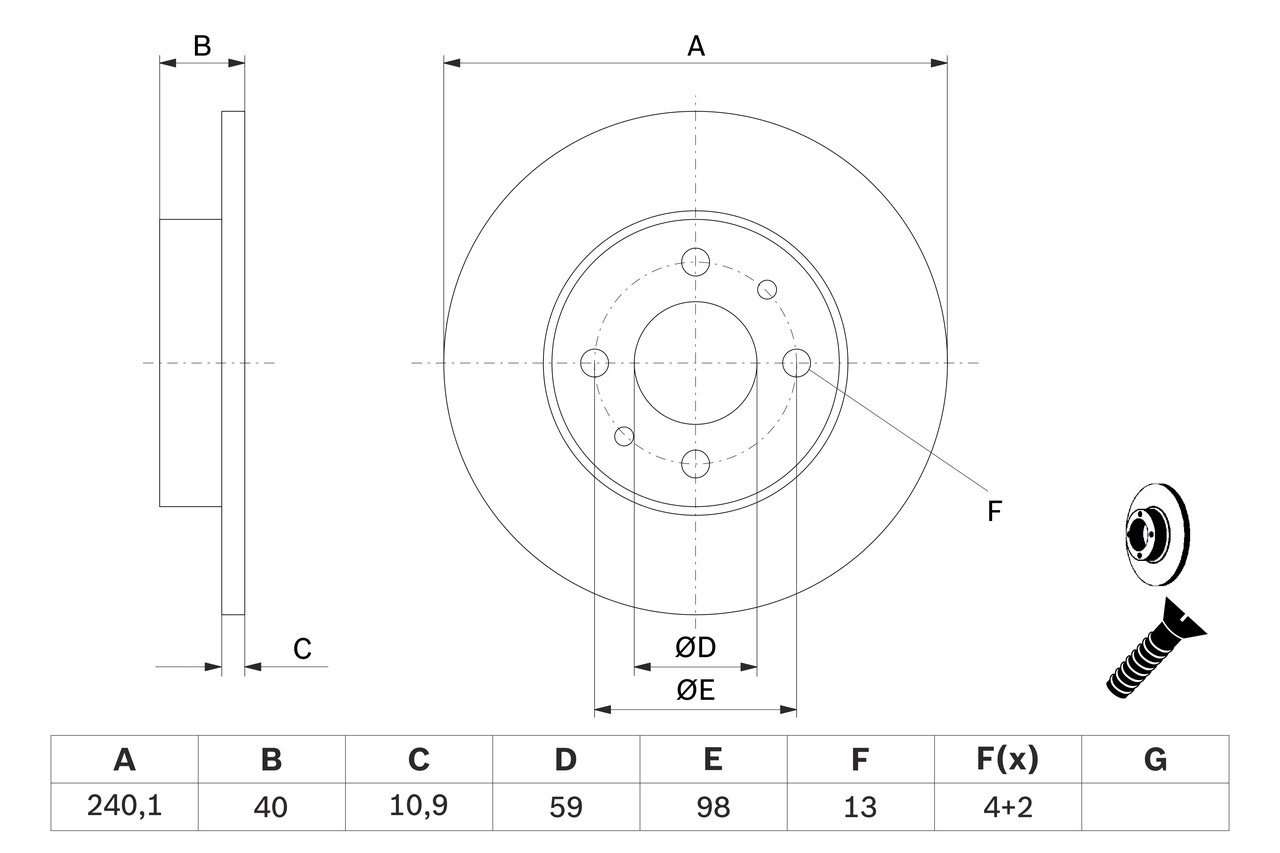 BOSCH Bremseskive 0986478342 fuld 240mm 11mm for FORD LANCIA FIAT