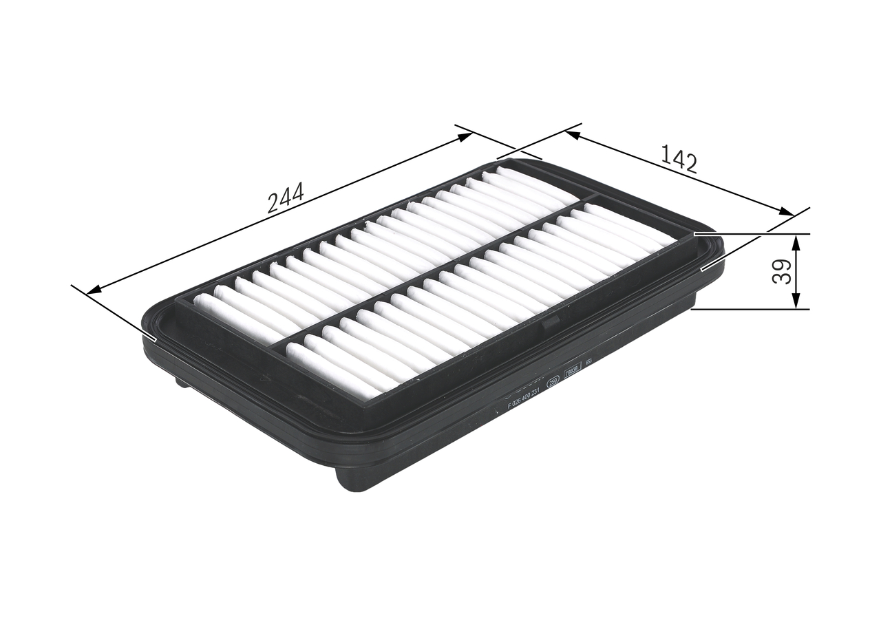 BOSCH Luftfilter f026400231 Filterindsats length_mm_203|Længde [mm]|245 width_mm_206|Bredde [mm]|146 height_mm_209|Højde [mm]|39 39mm for NISSAN SUZU