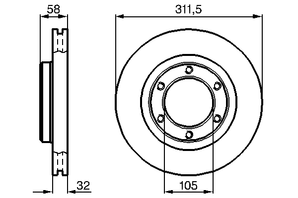 BOSCH Bremseskive 0986478580 indvendig ventileret 311mm 32mm for LEXUS