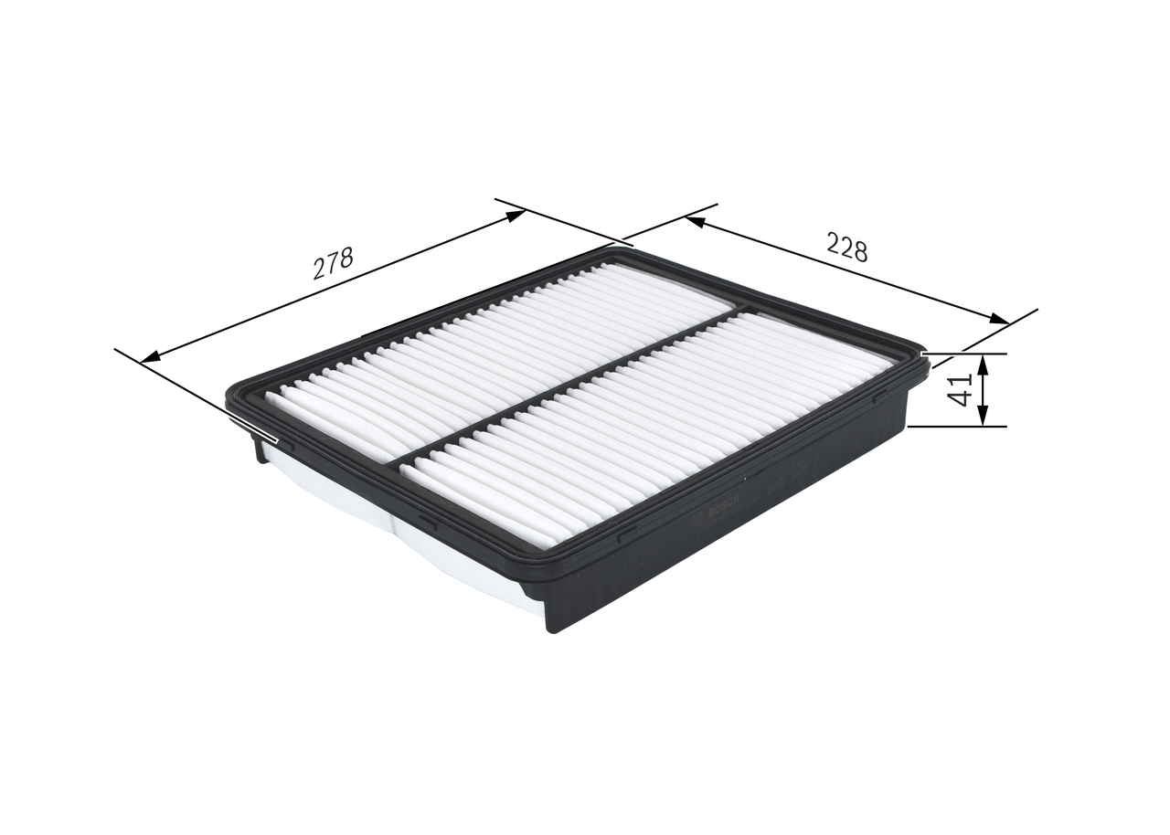 BOSCH Luftfilter f026400292 Filterindsats length_mm_203|Længde [mm]|278 width_mm_206|Bredde [mm]|228 height_mm_209|Højde [mm]|41 41mm for KIA