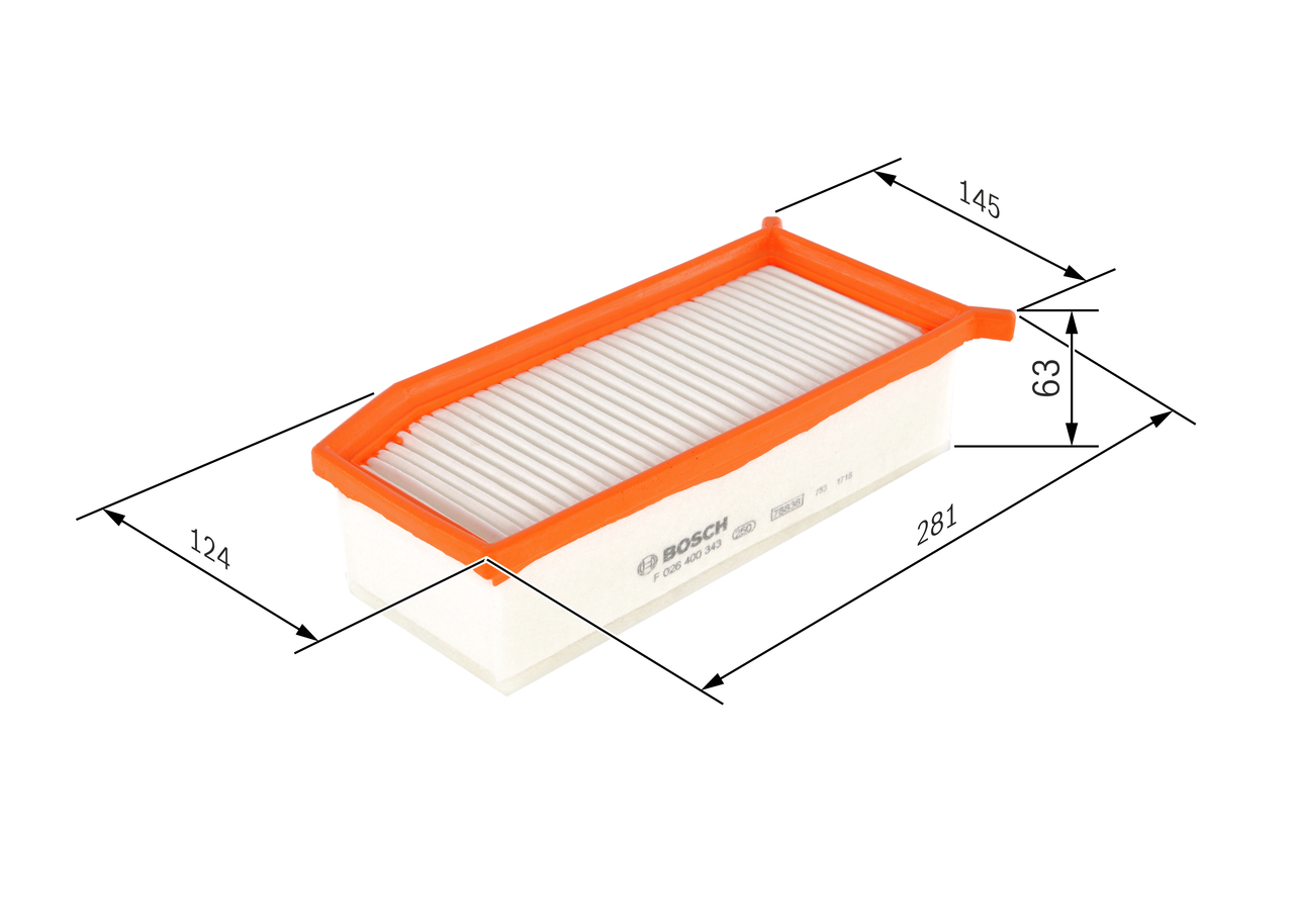 BOSCH Luftfilter f026400343 Filterindsats length_mm_203|Længde [mm]|273 width_mm_206|Bredde [mm]|124 height_mm_209|Højde [mm]|77 quantity_563|Mængde|1