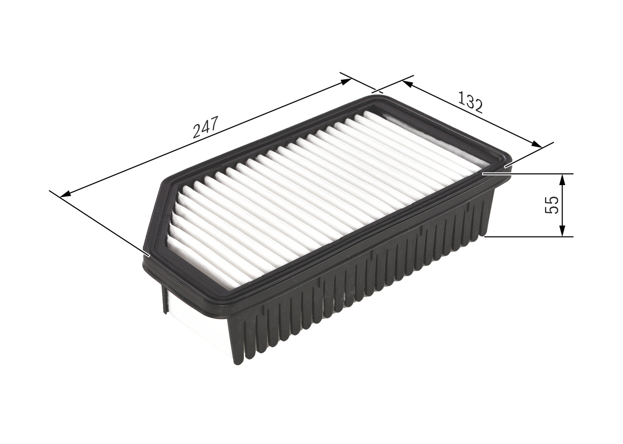 BOSCH Luftfilter f026400414 Filterindsats length_mm_203|Længde [mm]|248 width_mm_206|Bredde [mm]|132 height_mm_209|Højde [mm]|55 55mm for KIA