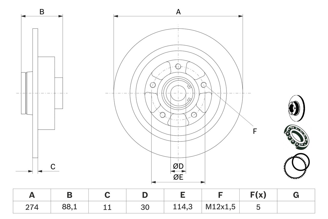 BOSCH Bremseskive 0986479009 fuld 274mm 11mm for RENAULT