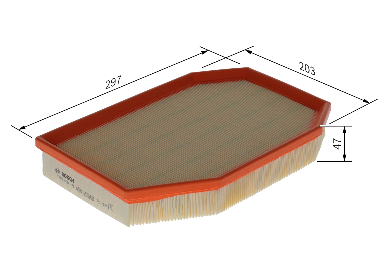 BOSCH Luftfilter f026400476 Filterindsats length_mm_203|Længde [mm]|294 width_mm_206|Bredde [mm]|202 height_mm_209|Højde [mm]|47 47mm for BMW
