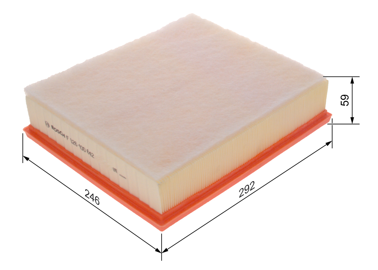 BOSCH Luftfilter F 026 400 642 Filterindsats length_mm_203|Længde [mm]|292 width_mm_206|Bredde [mm]|246 height_mm_209|Højde [mm]|70 70mm for MAN VW