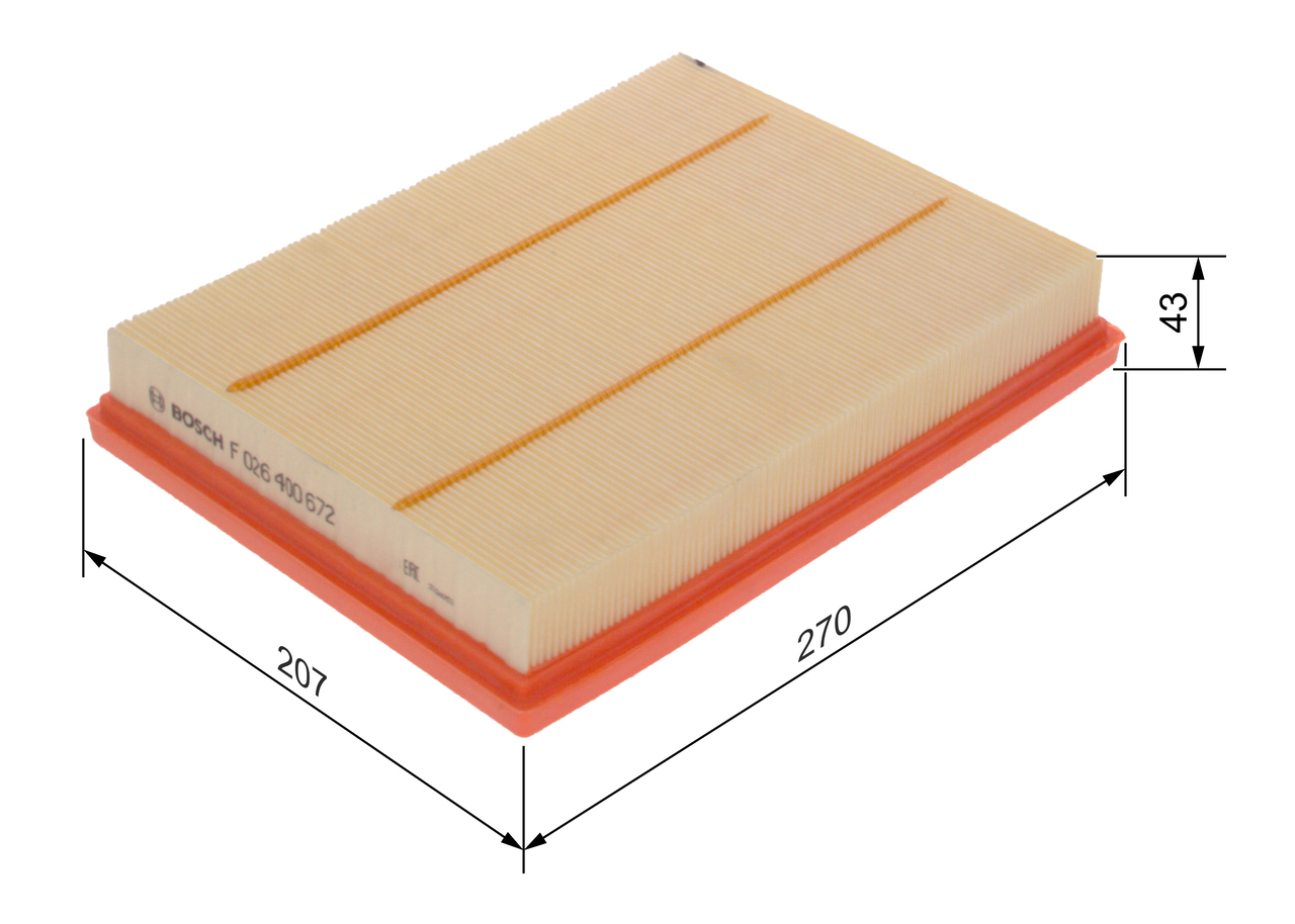 BOSCH Luftfilter f026400672 Filterindsats length_mm_203|Længde [mm]|268 width_mm_206|Bredde [mm]|204 height_mm_209|Højde [mm]|42 42mm for FORD