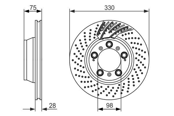 BOSCH Bremseskive 0986479581 ventileret 330mm 28mm for PORSCHE