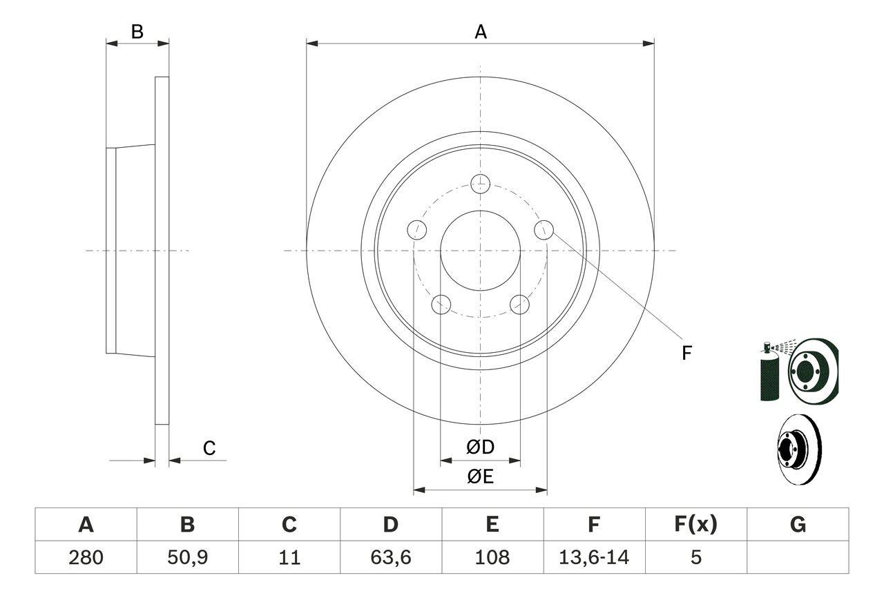 BOSCH Bremseskive 0986479762 fuld 280mm 11mm for FORD