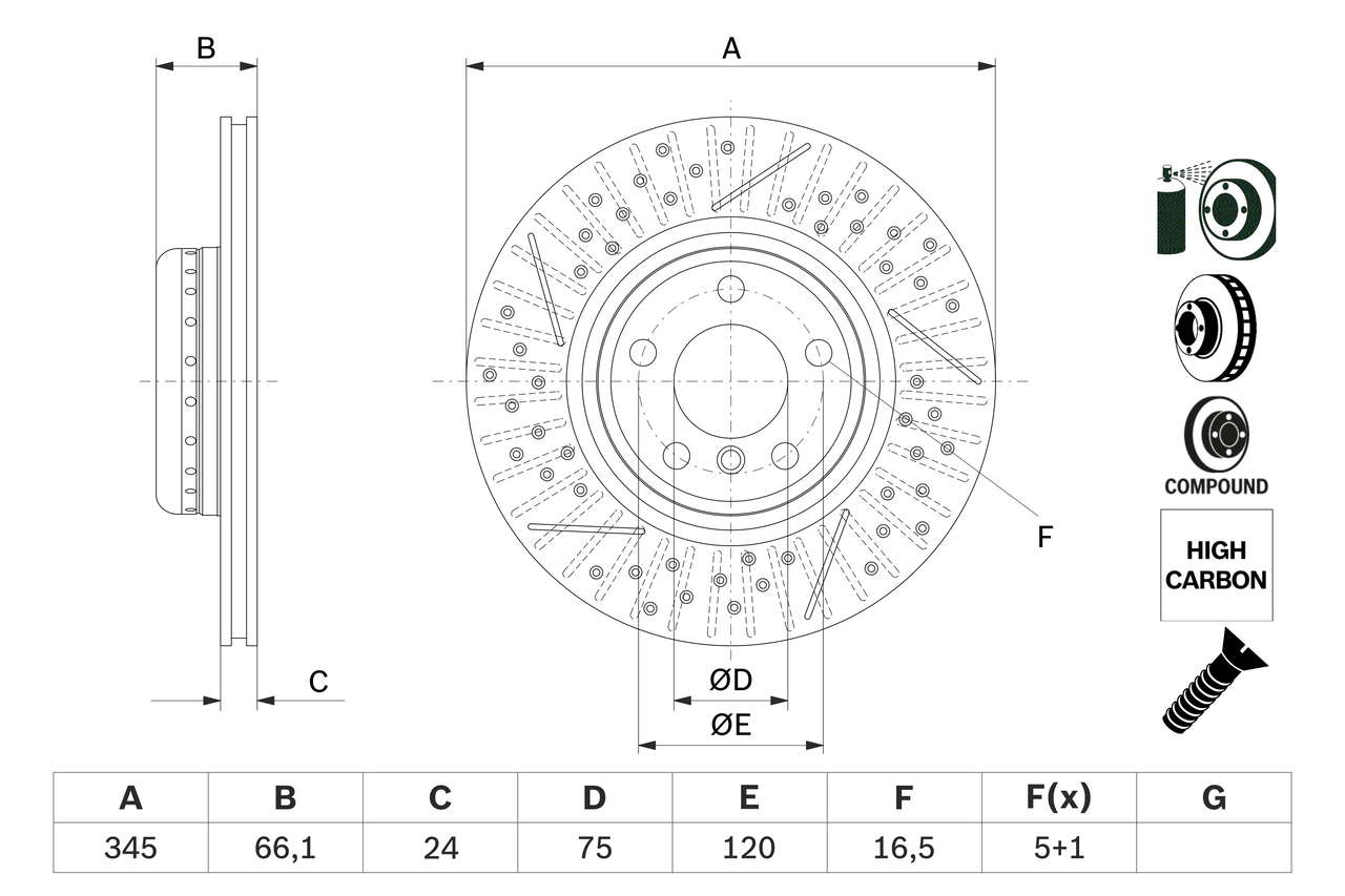 BOSCH Bremseskive 0 986 479 E05 lukket/perforeret 345mm 24mm for BMW