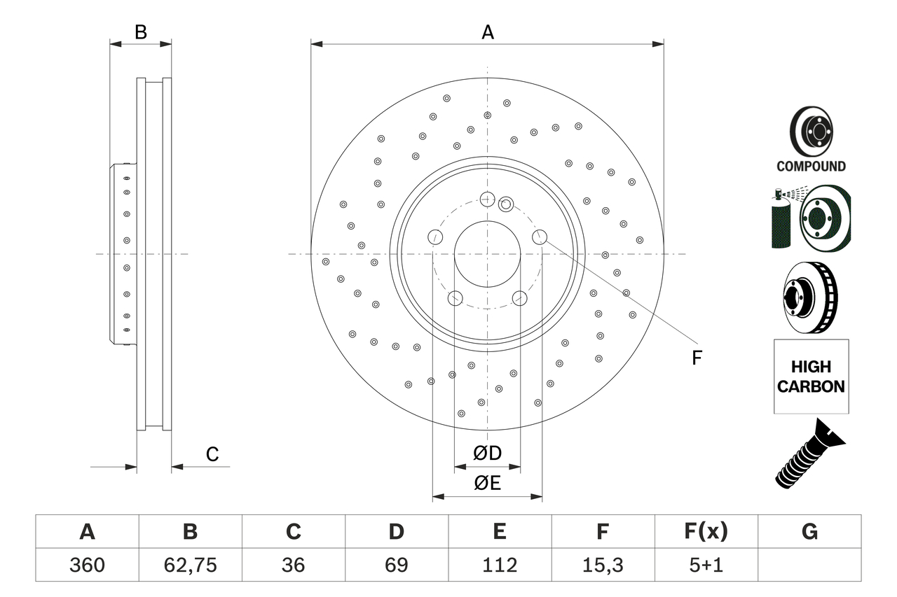 BOSCH Bremseskive 0986479g38 ventileret 360mm 36mm for MERCEDES-BENZ