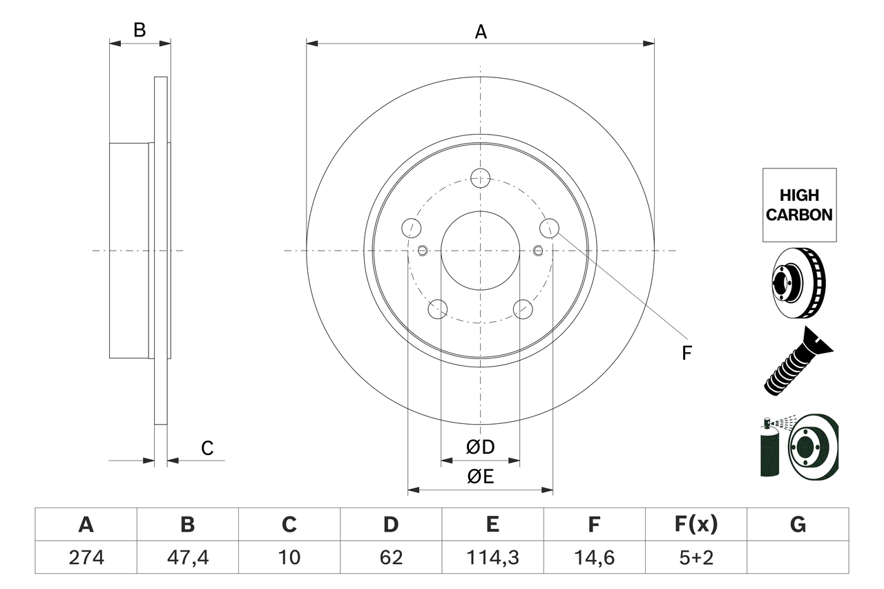 BOSCH Bremseskive 0986479h73 fuld 274mm 10mm for TOYOTA