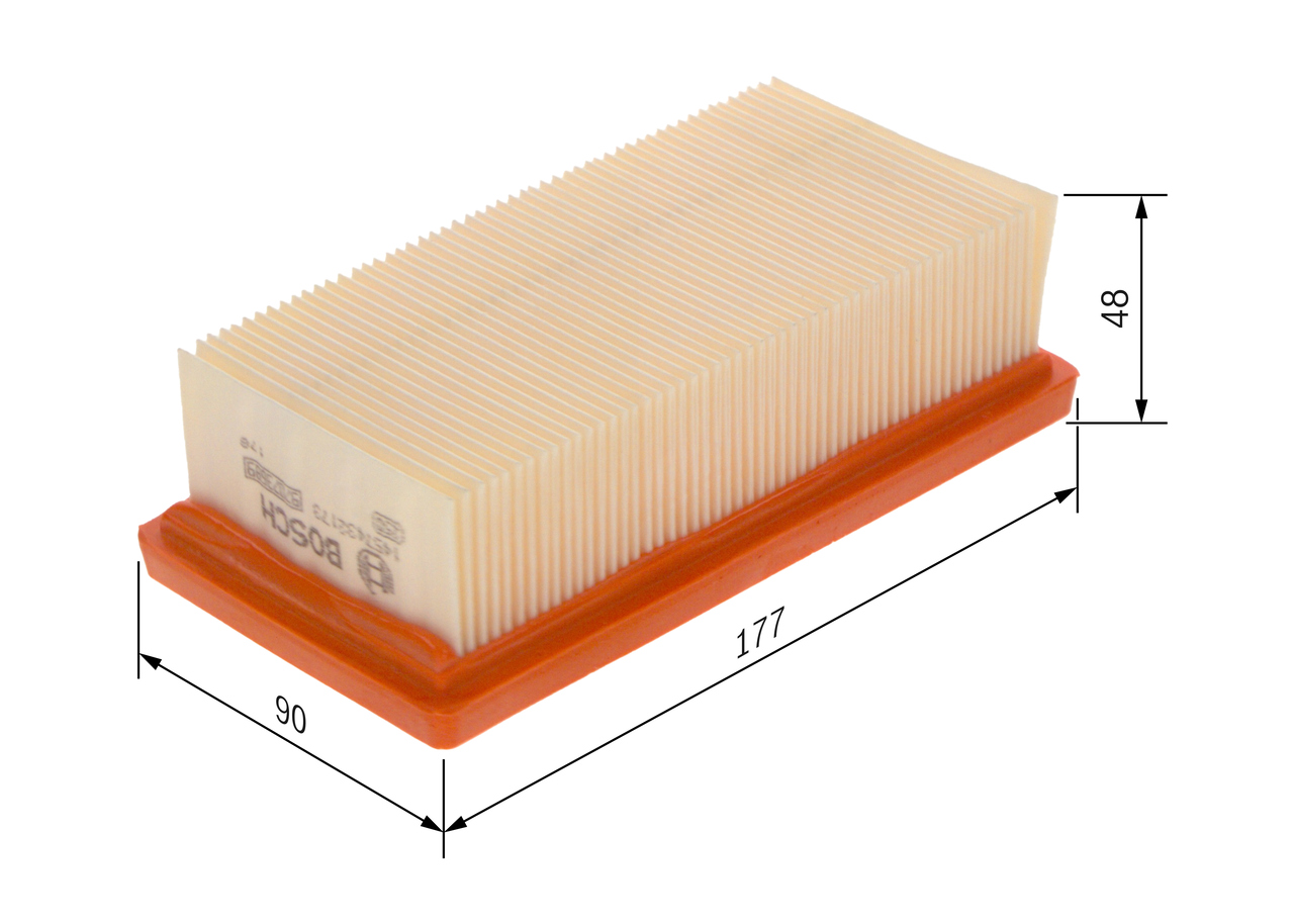 BOSCH Luftfilter 1457432173 Filterindsats length_mm_203|Længde [mm]|177 width_mm_206|Bredde [mm]|90 height_mm_209|Højde [mm]|48 quantity_563|Mængde|1