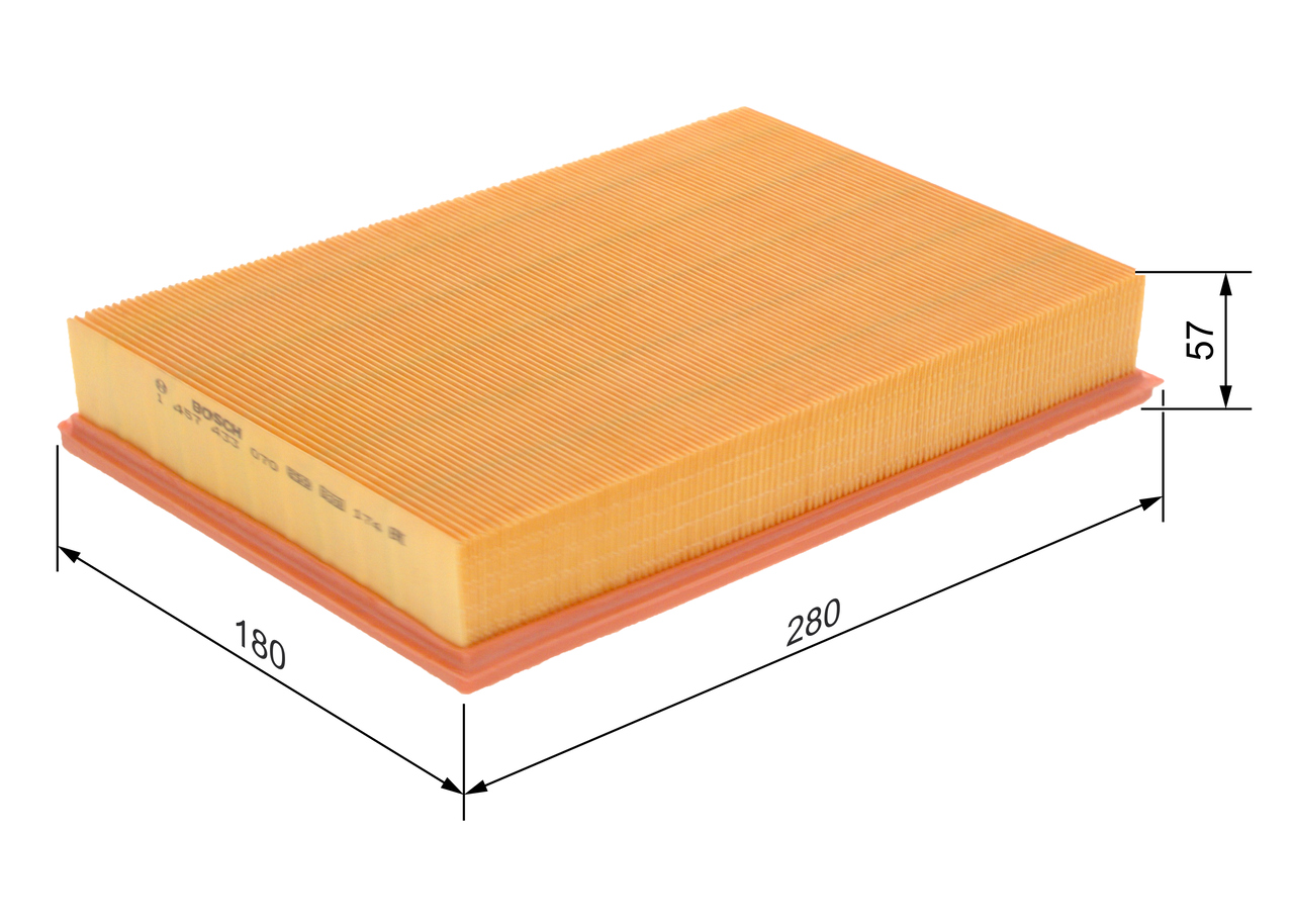 BOSCH Luftfilter 1457433070 Filterindsats length_mm_203|Længde [mm]|280 width_mm_206|Bredde [mm]|180 height_mm_209|Højde [mm]|57 quantity_563|Mængde|1
