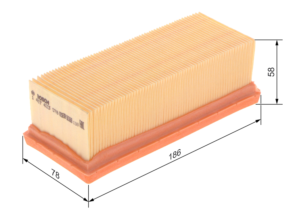 BOSCH Luftfilter 1457433078 Filterindsats length_mm_203|Længde [mm]|186 width_mm_206|Bredde [mm]|78 height_mm_209|Højde [mm]|58 58mm for NISSAN RENAU