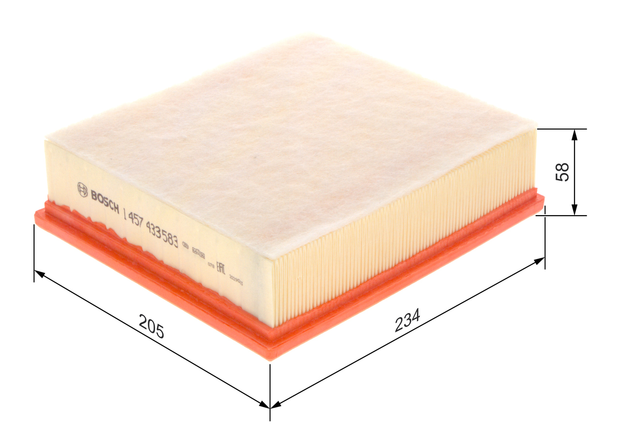 BOSCH Luftfilter 1457433583 Filterindsats length_mm_203|Længde [mm]|234 width_mm_206|Bredde [mm]|207 height_mm_209|Højde [mm]|67 quantity_563|Mængde|1