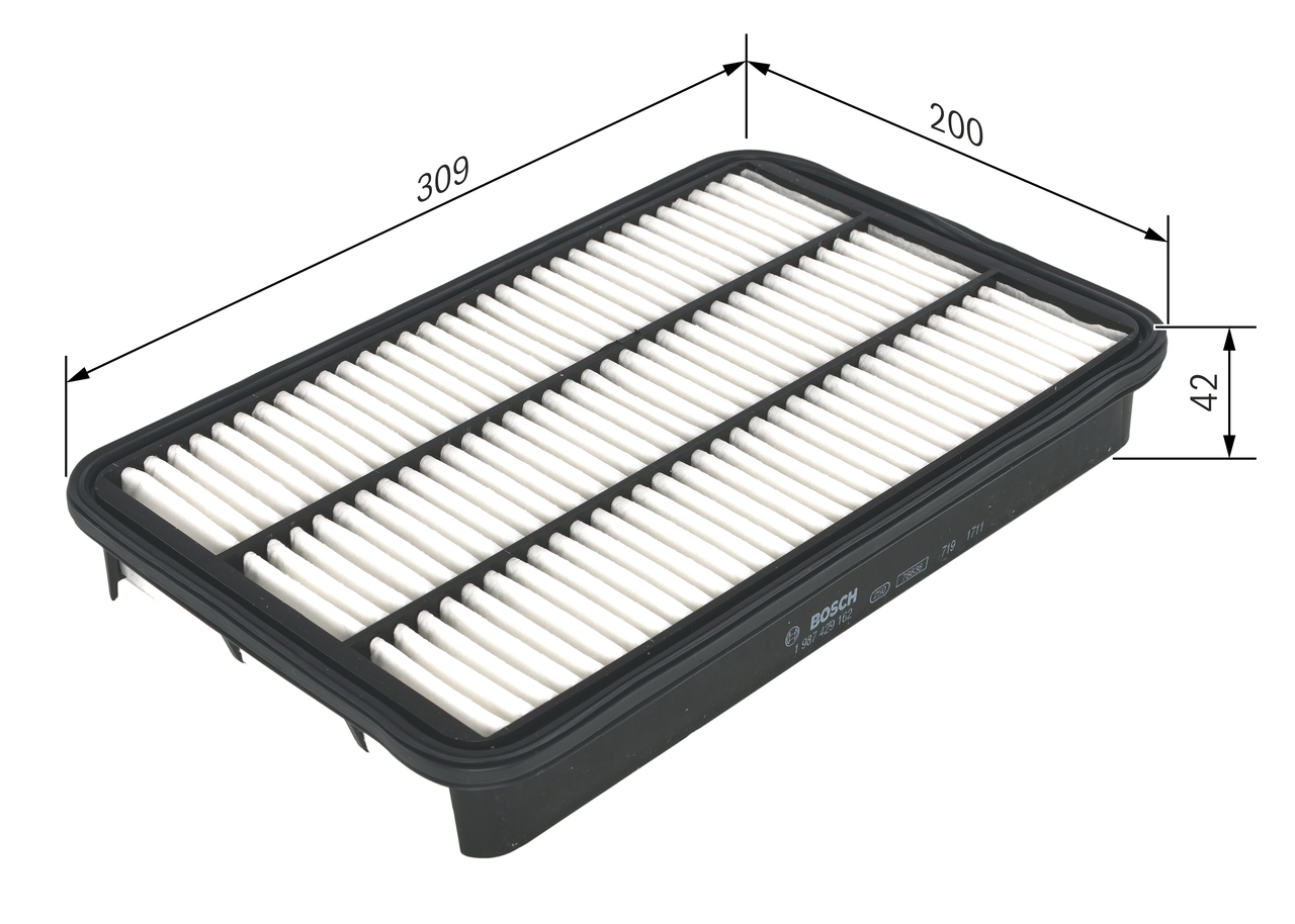 BOSCH Luftfilter 1 987 429 162 Filterindsats length_mm_203|Længde [mm]|309 width_mm_206|Bredde [mm]|200 height_mm_209|Højde [mm]|42 quantity_563|Mængd