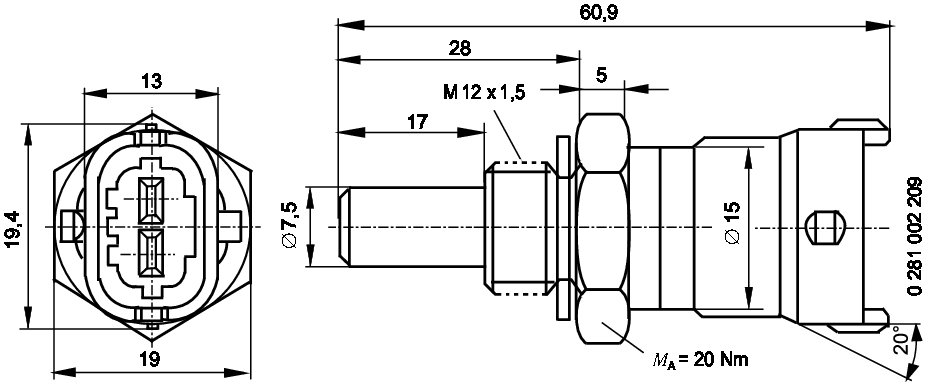 BOSCH Sensor, brændstoftemperatur 0 281 002 209 for POLARIS OPEL ANDORIA LANCIA CHEVROLET CAN-AM UAZ CHRYSLER FIAT HONDA IVECO DONGFENG (DFAC) RENAUL
