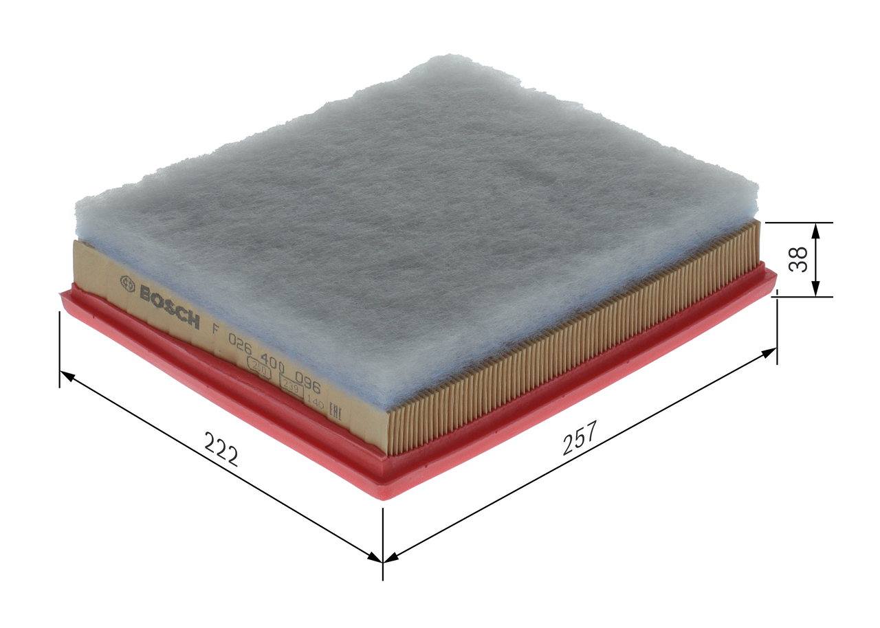 BOSCH Luftfilter f026400096 Filterindsats length_mm_203|Længde [mm]|256 width_mm_206|Bredde [mm]|219 height_mm_209|Højde [mm]|42 42mm for FORD