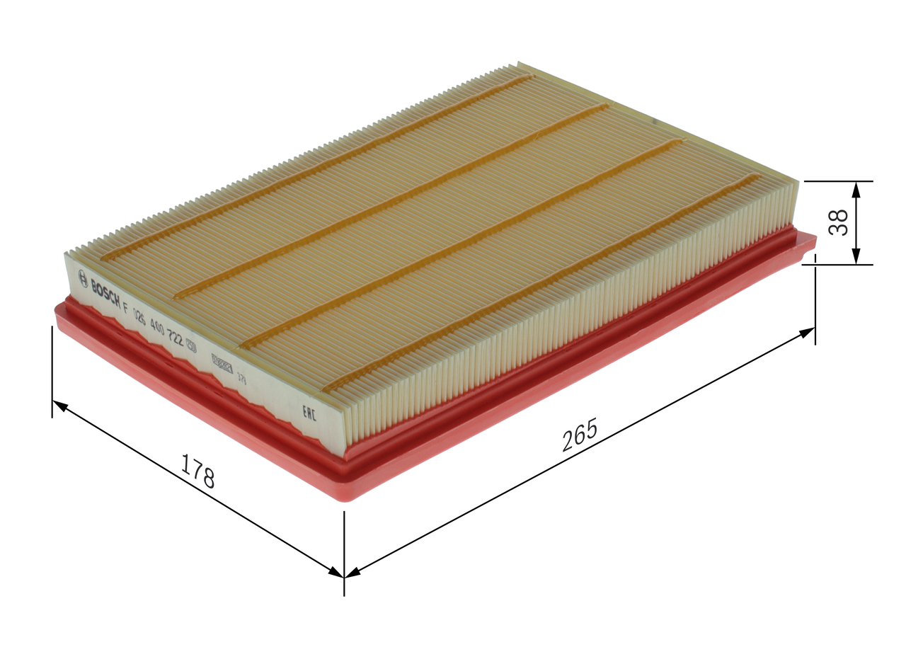 BOSCH Luftfilter f026400722 Filterindsats length_mm_203|Længde [mm]|266 width_mm_206|Bredde [mm]|177 height_mm_209|Højde [mm]|37 37mm for MERCEDES-BE