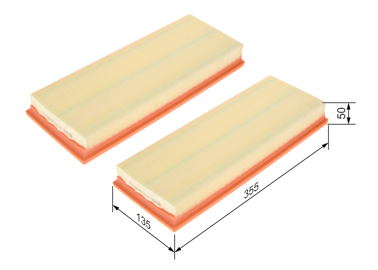 BOSCH Luftfilter 1457433071 Filterindsats length_mm_203|Længde [mm]|355 width_mm_206|Bredde [mm]|135 height_mm_209|Højde [mm]|50 quantity_563|Mængde|2