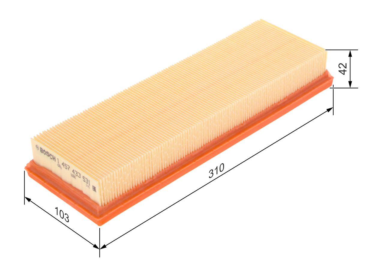 BOSCH Luftfilter 1457433531 Filterindsats length_mm_203|Længde [mm]|310 width_mm_206|Bredde [mm]|103 height_mm_209|Højde [mm]|42 quantity_563|Mængde|1