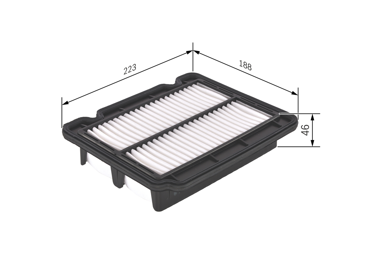 BOSCH Luftfilter f026400043 Filterindsats length_mm_203|Længde [mm]|224 width_mm_206|Bredde [mm]|188 height_mm_209|Højde [mm]|46 quantity_563|Mængde|1