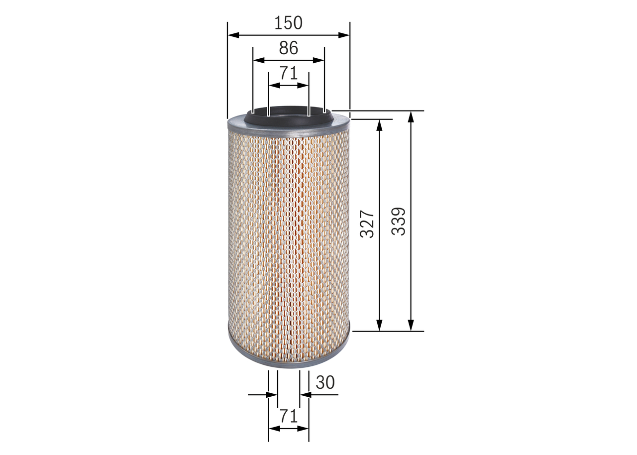 BOSCH Luftfilter f026400322 Filterindsats outer_diameter_mm_497|Yderdiameter [mm]|150 diameter_1_mm_341|Diameter 1 [mm]|71 height_mm_209|Højde [mm]|33