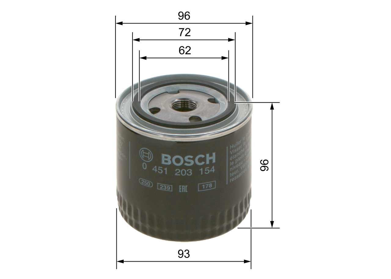 BOSCH Oliefilter 0 451 203 154 Påskruet 96mm 3/4 16 UNF for VOLVO PEUGEOT TALBOT FIAT SAAB DAF CHRYSLER LANCIA IVECO FORD GMC CHEVROLET OPEL VW TOYOT