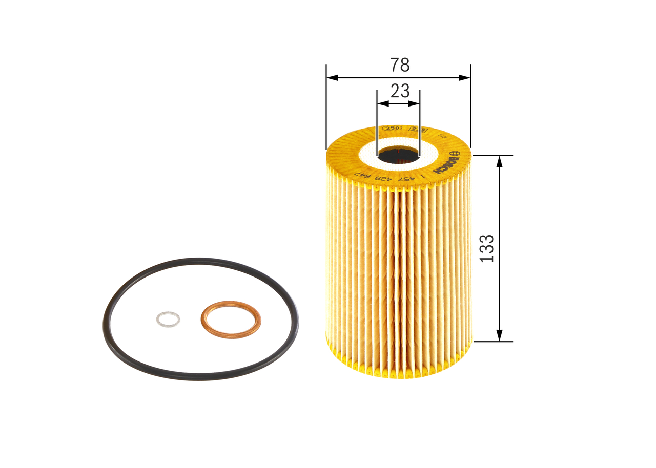 BOSCH Oliefilter 1 457 429 647 Filterindsats supplementary_articlesupplementary_info_596|Tillægsartikel/Yderligere info.|med pakninger height_mm_209|H