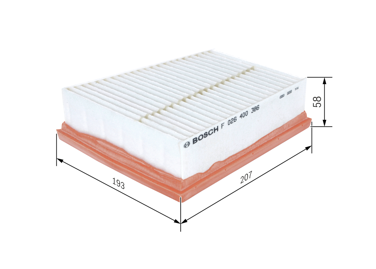 BOSCH Luftfilter f026400386 Filterindsats length_mm_203|Længde [mm]|207 width_mm_206|Bredde [mm]|193 height_mm_209|Højde [mm]|58 replaced_by_10017|Ers