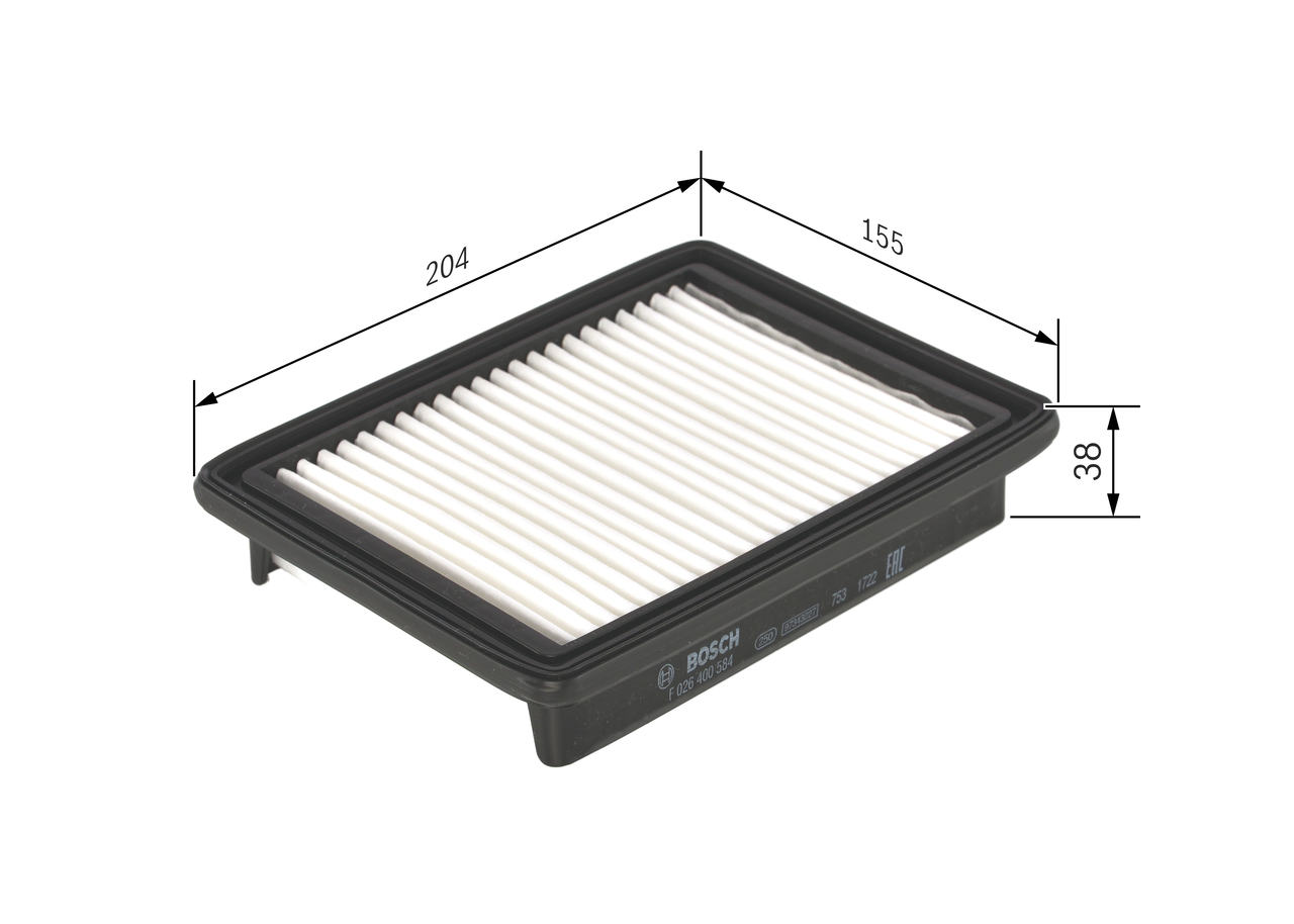 BOSCH Luftfilter f026400584 Filterindsats length_mm_203|Længde [mm]|205 width_mm_206|Bredde [mm]|155 height_mm_209|Højde [mm]|38 38mm for OPEL VAUXHA