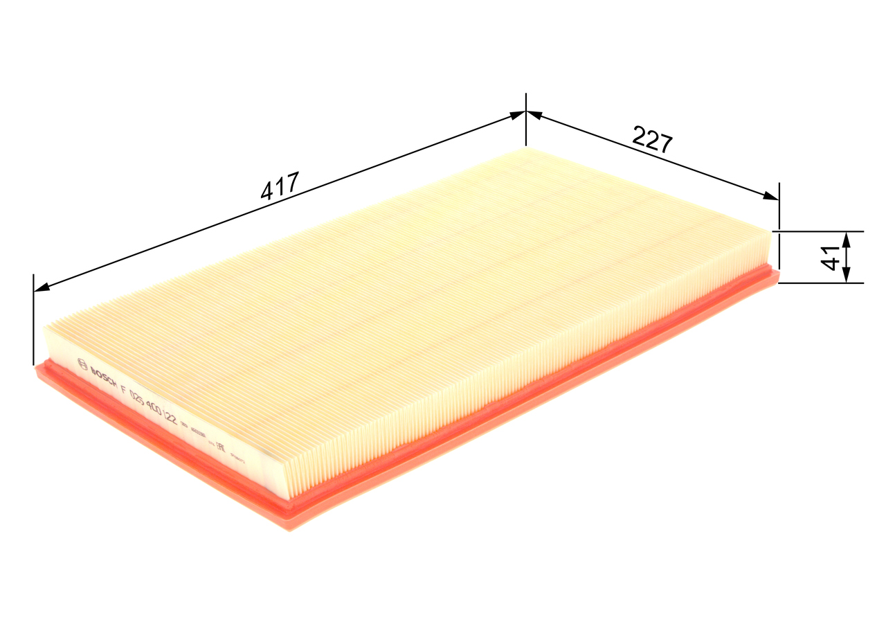BOSCH Luftfilter f026400122 Filterindsats length_mm_203|Længde [mm]|419 width_mm_206|Bredde [mm]|227 height_mm_209|Højde [mm]|42 quantity_563|Mængde|1
