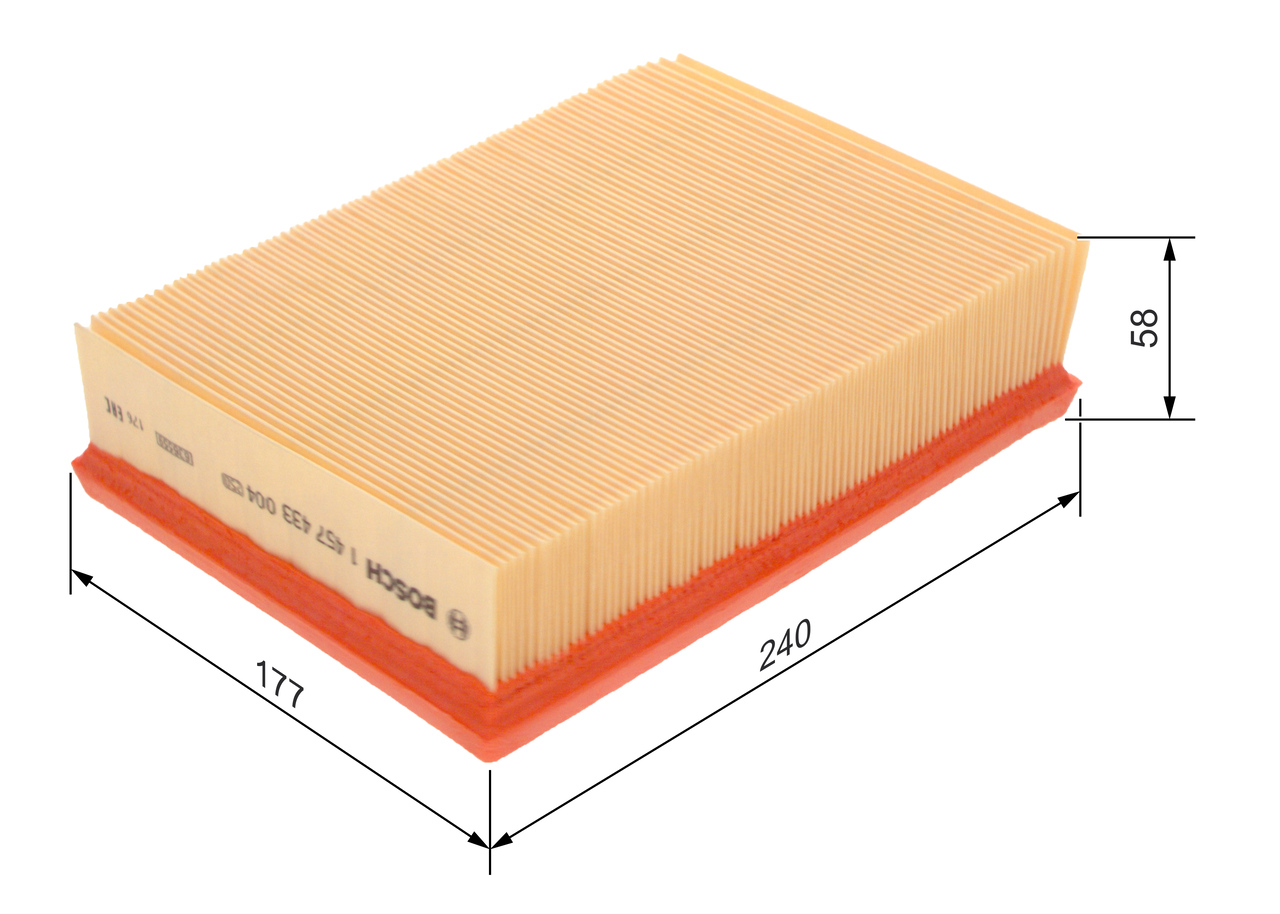 BOSCH Luftfilter 1457433004 Filterindsats length_mm_203|Længde [mm]|235 width_mm_206|Bredde [mm]|176 height_mm_209|Højde [mm]|57 quantity_563|Mængde|1