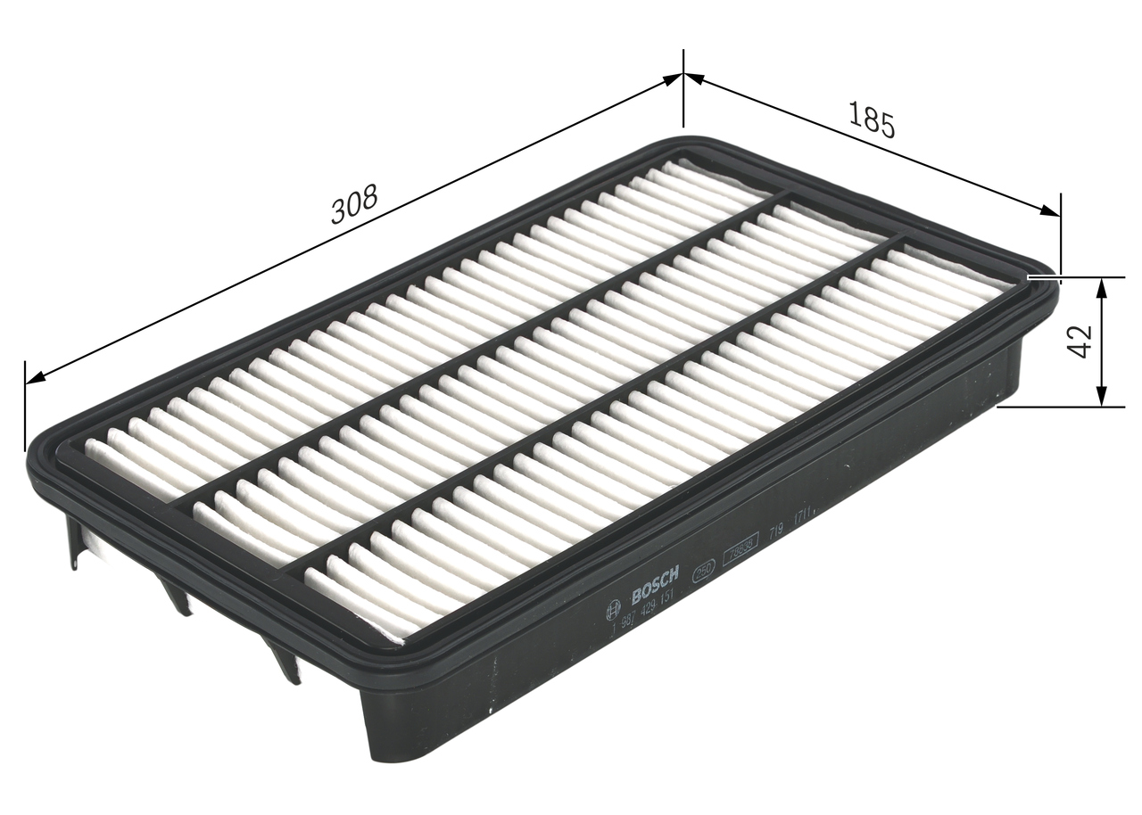 BOSCH Luftfilter 1 987 429 151 Filterindsats length_mm_203|Længde [mm]|308 width_mm_206|Bredde [mm]|185 height_mm_209|Højde [mm]|41,5 41,5mm for LEXU