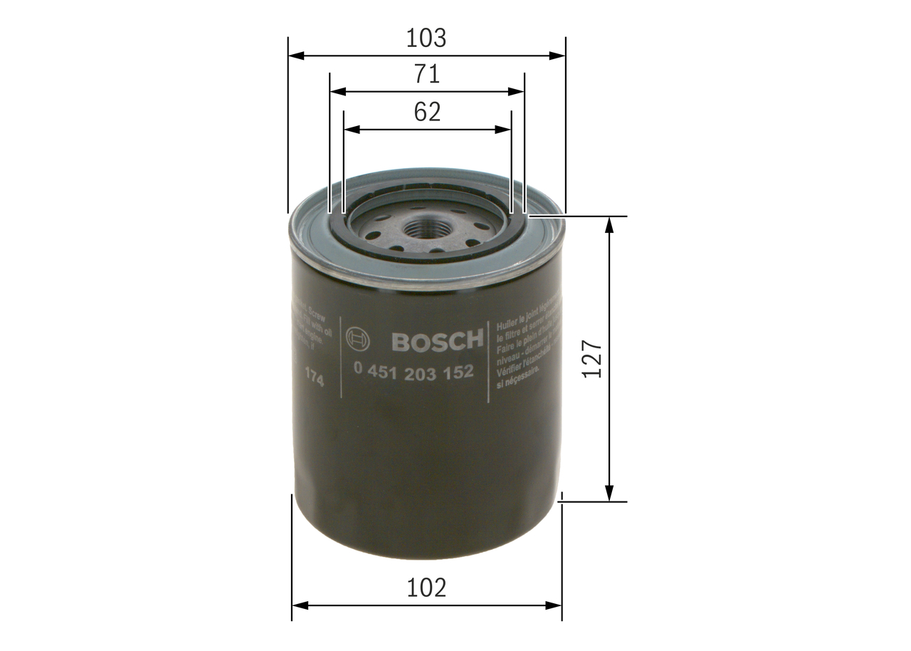 BOSCH Oliefilter 0 451 203 152 Påskruet 135mm 3/4 16 UNF for VOLVO DAF LANCIA IVECO FIAT FORD GMC LAMBORGHINI RENAULT