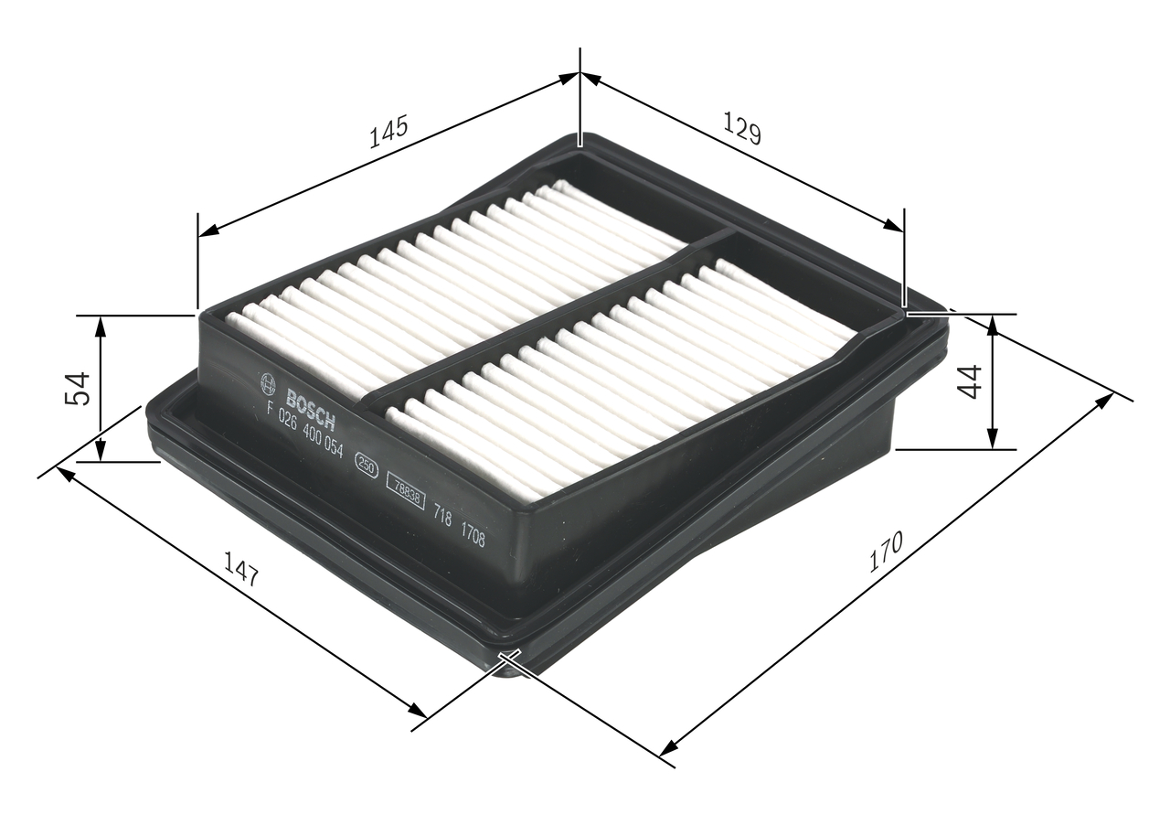 BOSCH Luftfilter f026400054 Filterindsats length_mm_203|Længde [mm]|170 width_mm_206|Bredde [mm]|147 height_mm_209|Højde [mm]|54 quantity_563|Mængde|1