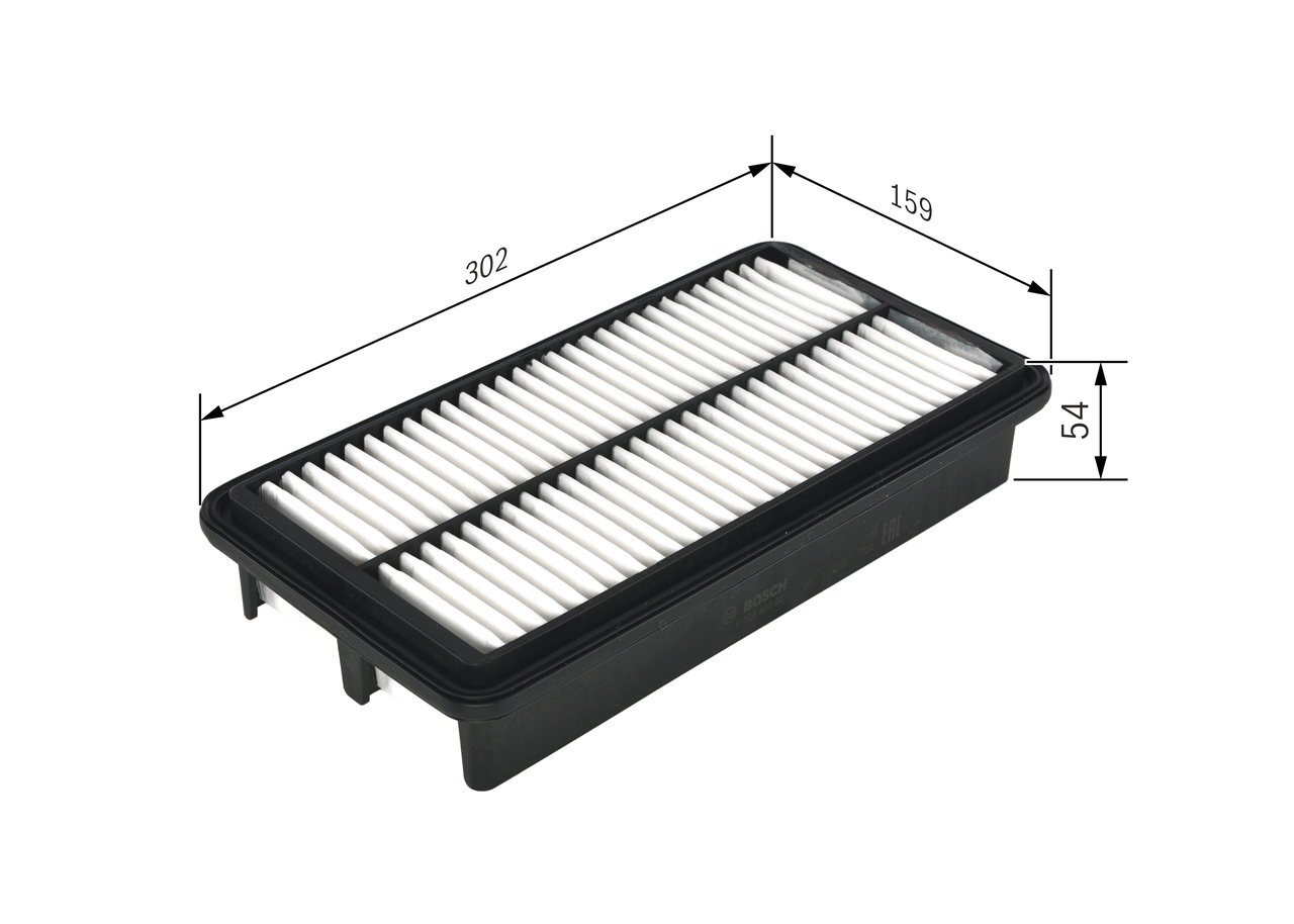 BOSCH Luftfilter f026400521 Filterindsats length_mm_203|Længde [mm]|304 width_mm_206|Bredde [mm]|159 height_mm_209|Højde [mm]|55 55mm for KIA