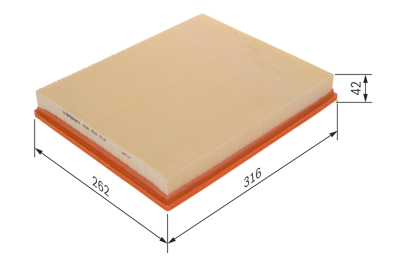 BOSCH Luftfilter f026400014 Filterindsats length_mm_203|Længde [mm]|316 width_mm_206|Bredde [mm]|262 height_mm_209|Højde [mm]|41 41mm for OPEL VAUXHA