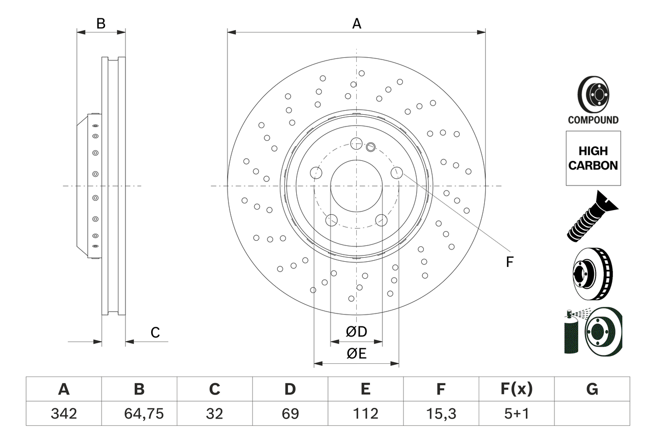BOSCH Bremseskive 0 986 479 G35 perforeret/ventileret 342mm 32mm for MERCEDES-BENZ