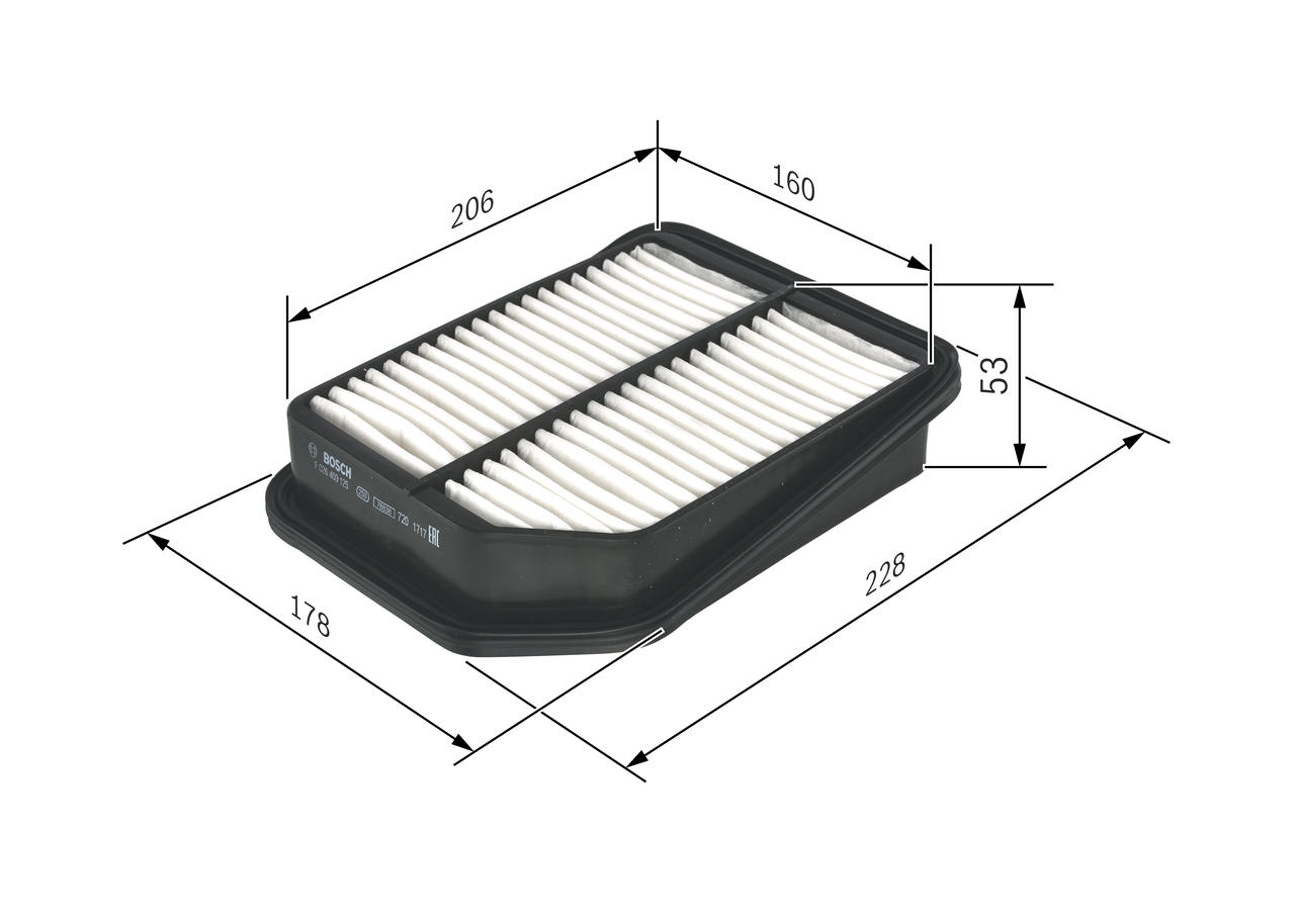 BOSCH Luftfilter f026400125 Filterindsats length_mm_203|Længde [mm]|228 width_mm_206|Bredde [mm]|178 height_mm_209|Højde [mm]|53 quantity_563|Mængde|1