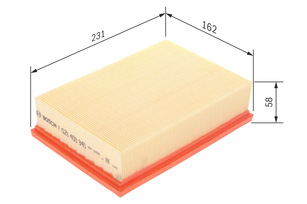 BOSCH Luftfilter f026400345 Filterindsats length_mm_203|Længde [mm]|233 width_mm_206|Bredde [mm]|162 height_mm_209|Højde [mm]|58 58mm for OPEL BUICK