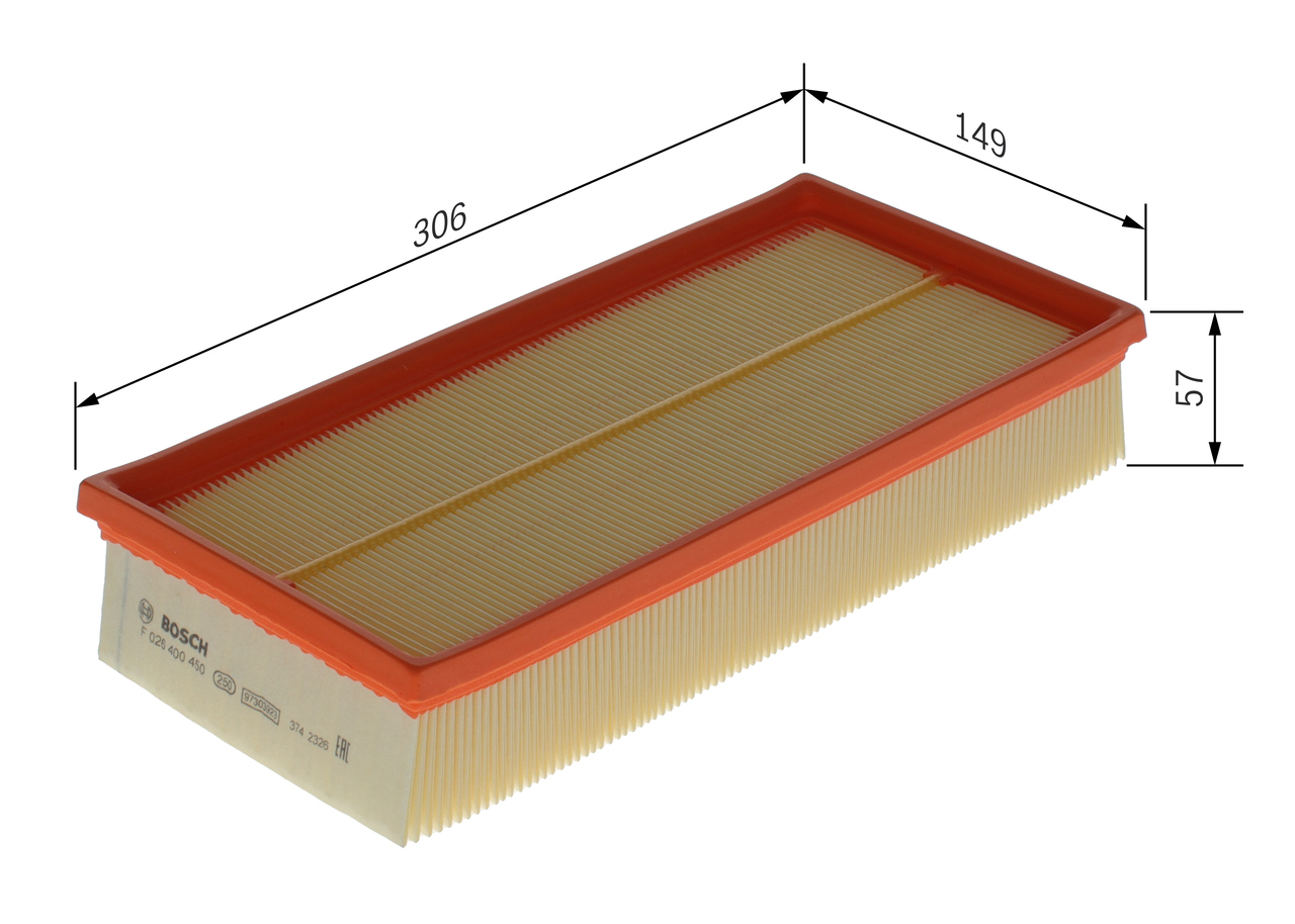 BOSCH Luftfilter f026400450 Filterindsats length_mm_203|Længde [mm]|308 width_mm_206|Bredde [mm]|149 height_mm_209|Højde [mm]|58 58mm for SAAB