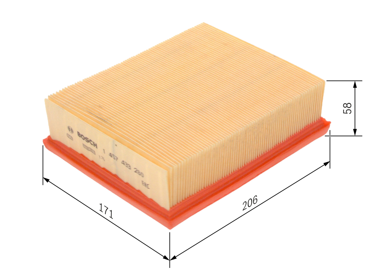 BOSCH Luftfilter 1457433280 Filterindsats length_mm_203|Længde [mm]|205 width_mm_206|Bredde [mm]|170 height_mm_209|Højde [mm]|57 57mm for PEUGEOT CIT