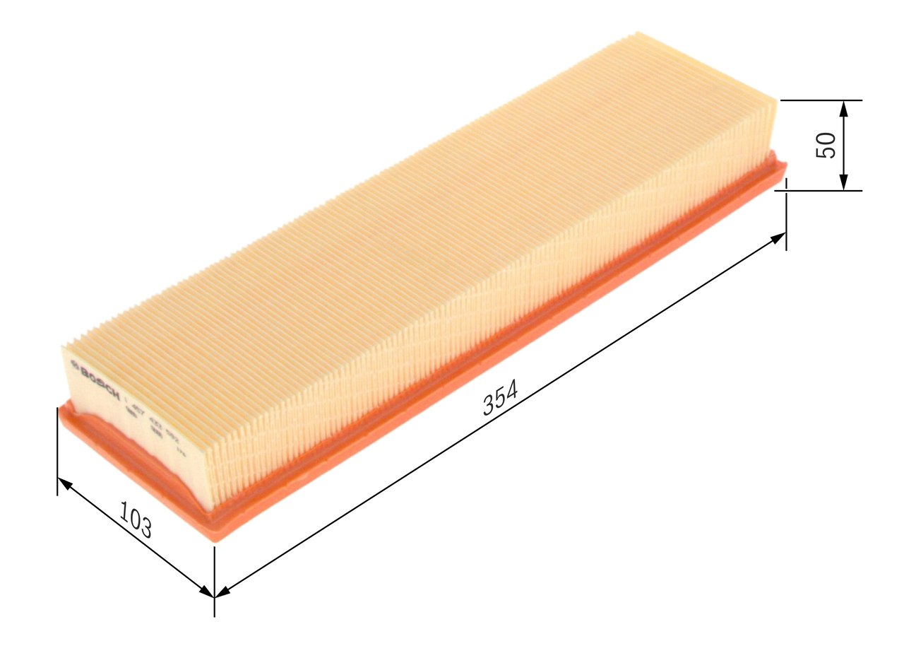 BOSCH Luftfilter 1457433592 Filterindsats length_mm_203|Længde [mm]|354 width_mm_206|Bredde [mm]|103 height_mm_209|Højde [mm]|50 replaced_by_10017|Ers